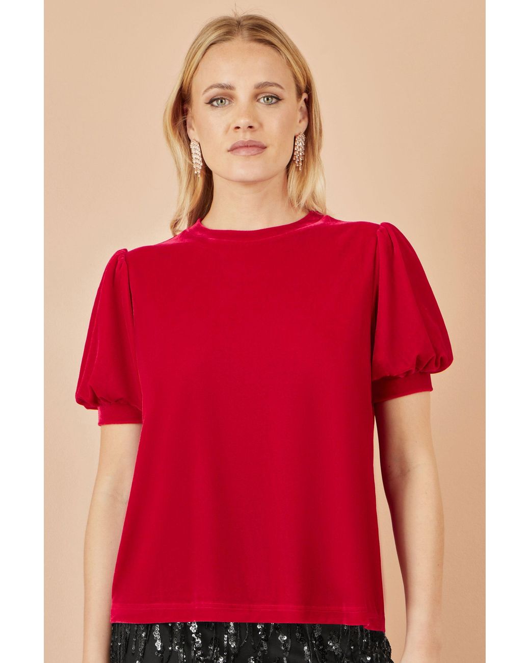 Yumi' Red Velvet Puff Sleeve Top