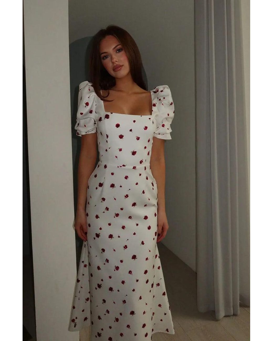 POST MERIDIEM White Printed Godet Silhouette Square Neck Midi Dress