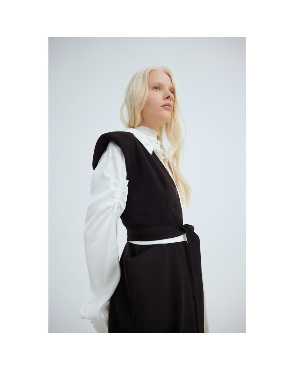 Julia Allert Black Neutrals Fashion Midi Dress With Belt And Bold Shoulders – & Ivory