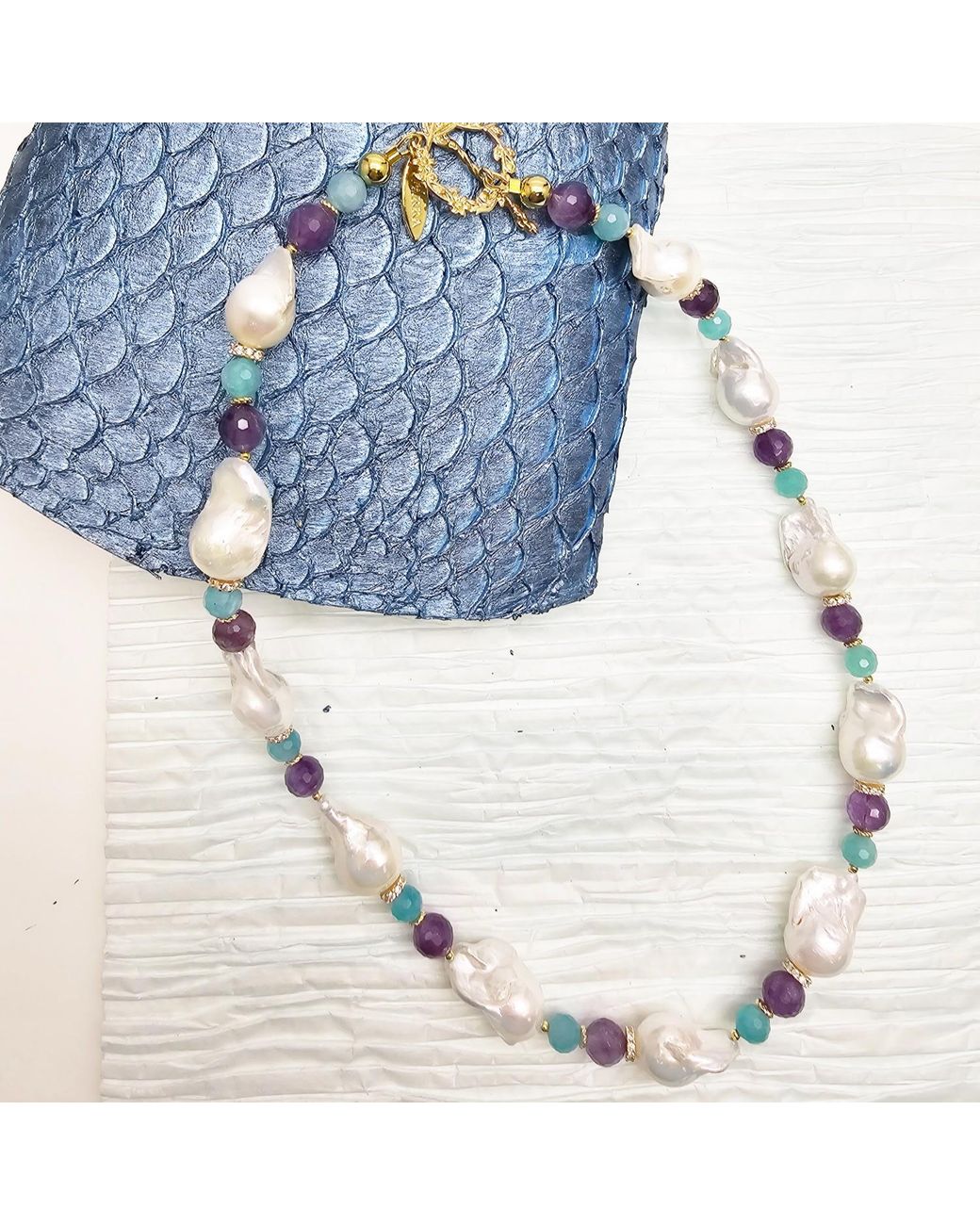 Farra Blue Elegant Baroque Pearls With Amethyst & Amazonite Necklace