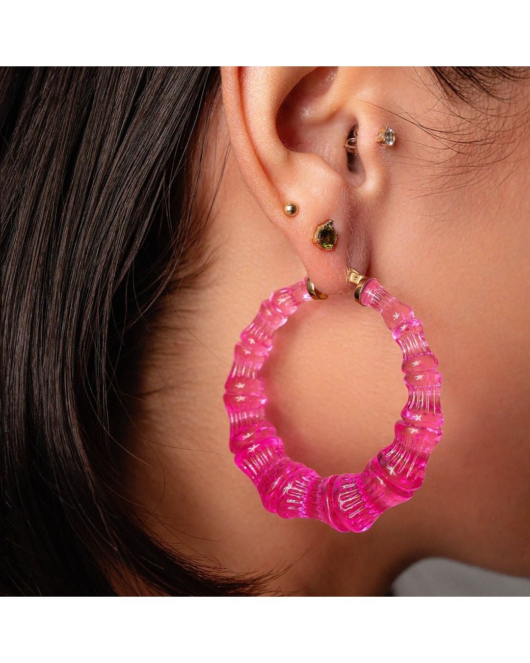 Gold & Honey Pink Hot Bamboo Lucite Hoop Earrings