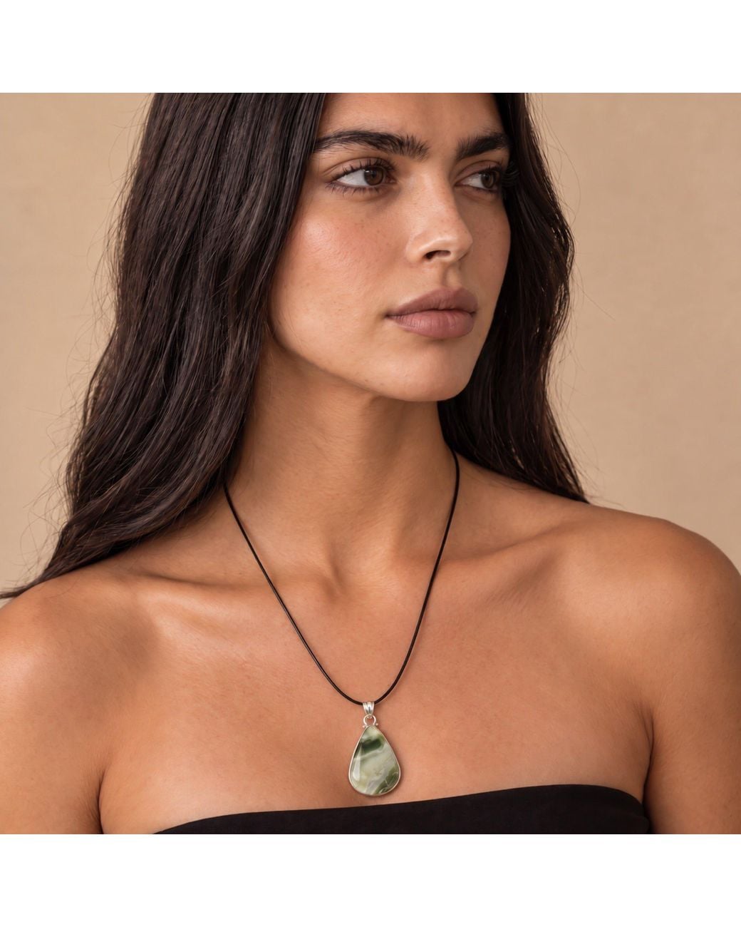 Saéa Green Sage And Cream Serpentine Teardrop Pendant Necklace On Leather Cord