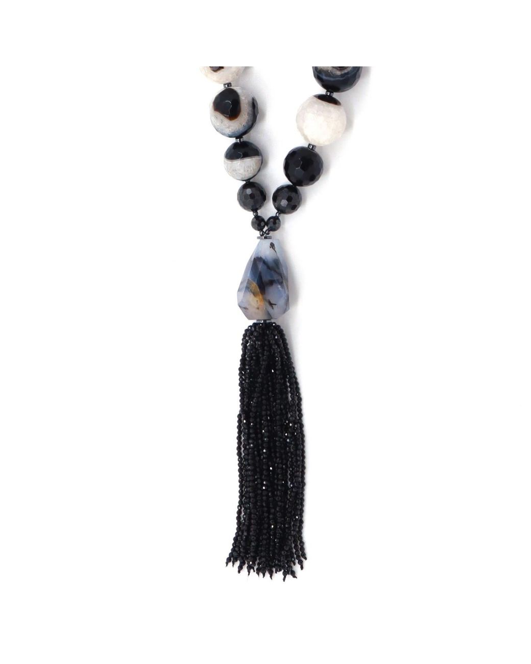 Shar Oke Metallic Clear Quartz & Agate, Cubic Zirconia & Spinel Tassel Beaded Necklace