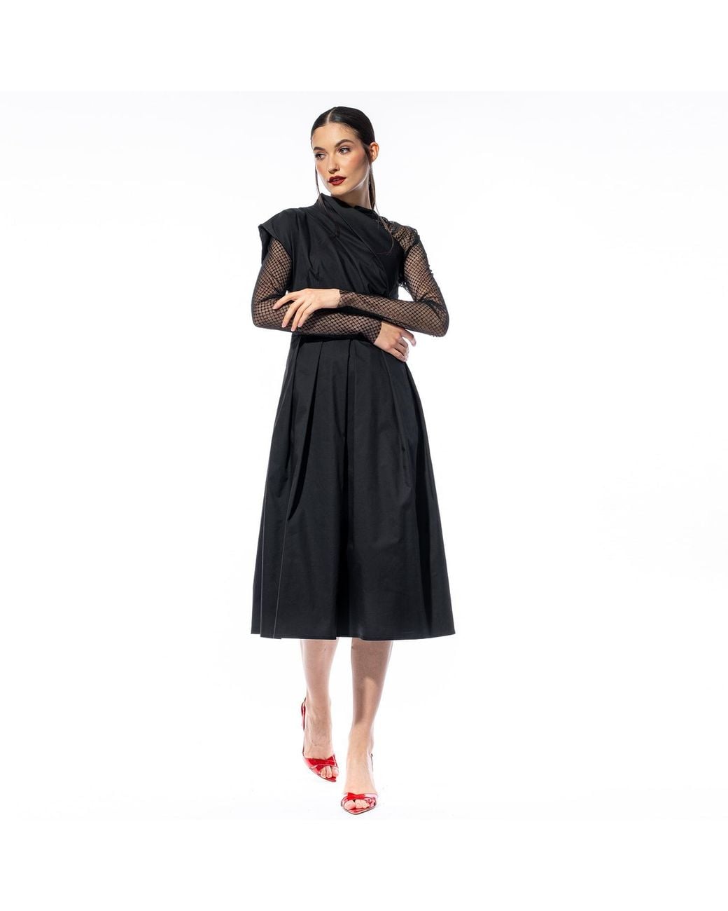 Larisa Dragna Black Audrey Cotton Dress With Tulle Sleeves