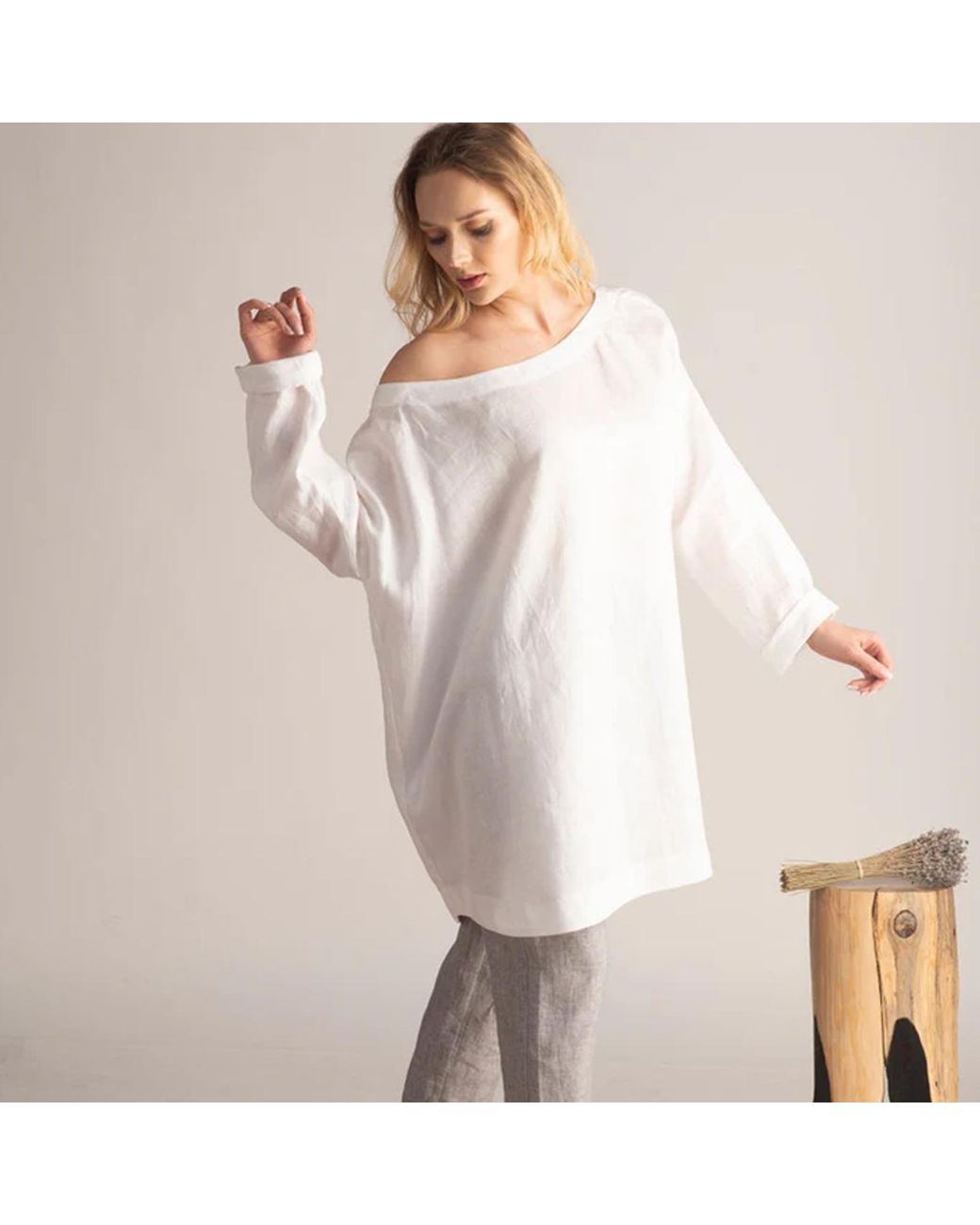 Nikka Place White Linen Summer Tunic With Off Shoulder And Long Sleeves