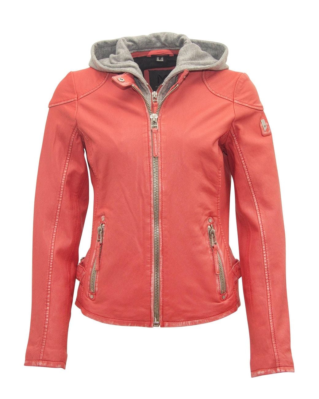Mauritius Red Leather Moto Jacket Removable Hood Finja Coral