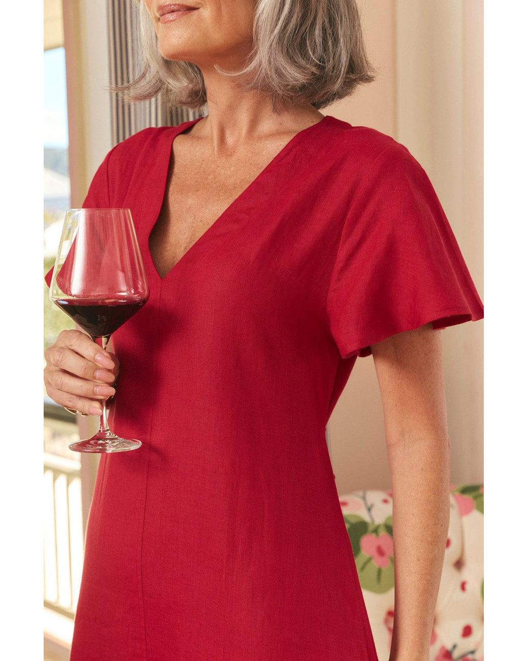 Adrift Clothing Red Tatum Linen Flutter Sleeve Dress