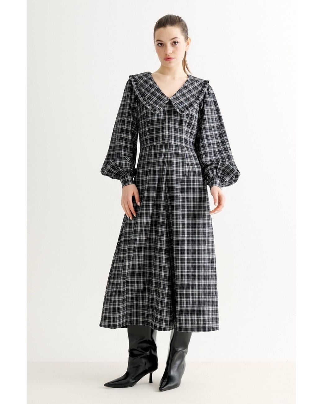 Louche Black Alva Shadow Check Long Sleeve Midi Dress