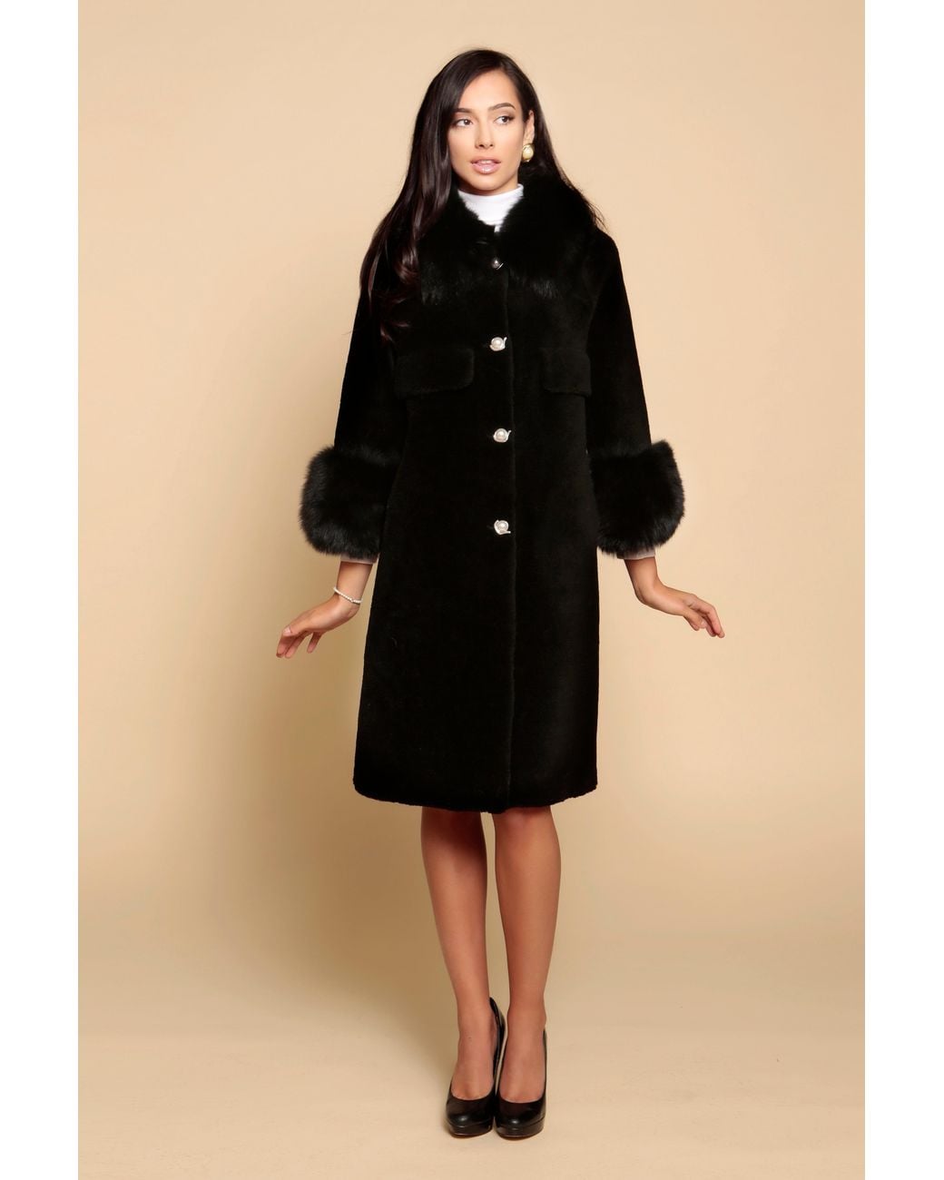 Santinni Black Hayworth Wool & Faux Fur Coat