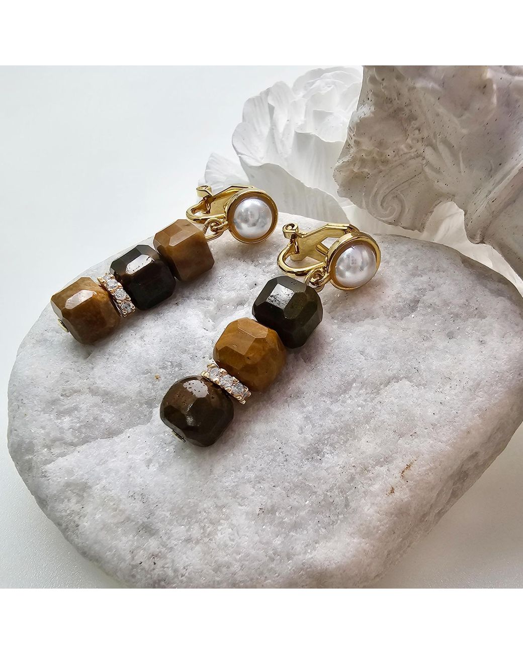 Farra Metallic Cube Tiger Eye Clip-On Earrings