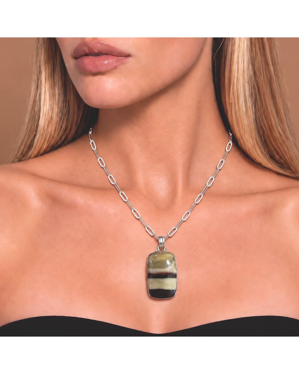 Saéa Metallic Cream And Oxblood Mookaite Rectangle Pendant Necklace On Leather Cord