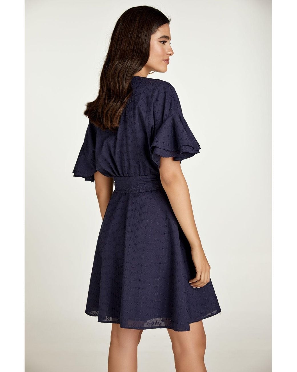 Conquista Blue Dark Embroidered Dress With Ruffle Sleeves