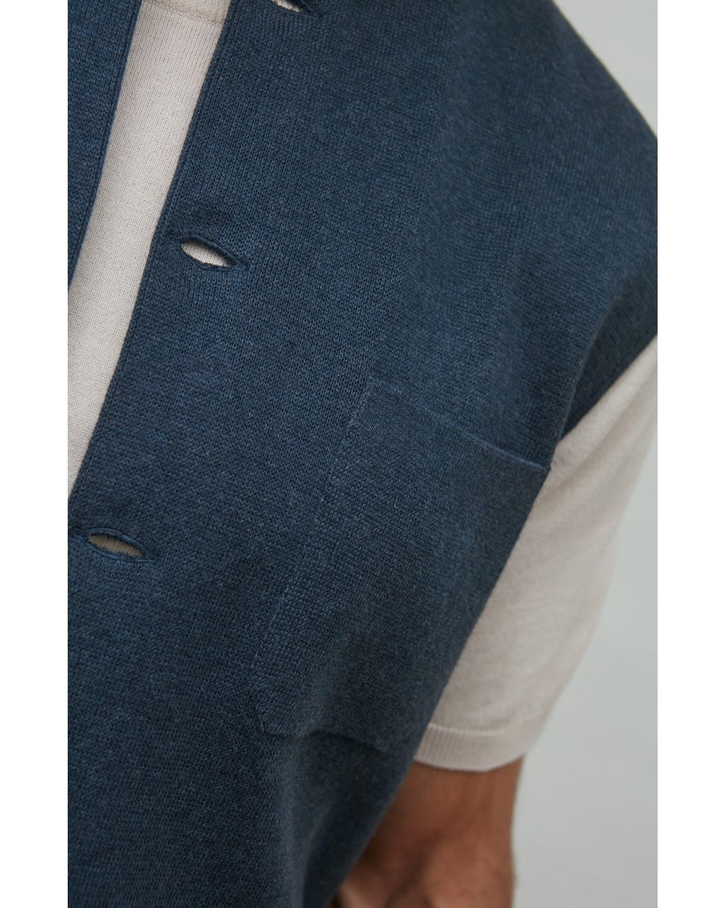 Paul James Knitwear Blue Midweight Cotton Cochin Knitted Nehru Waistcoat for men
