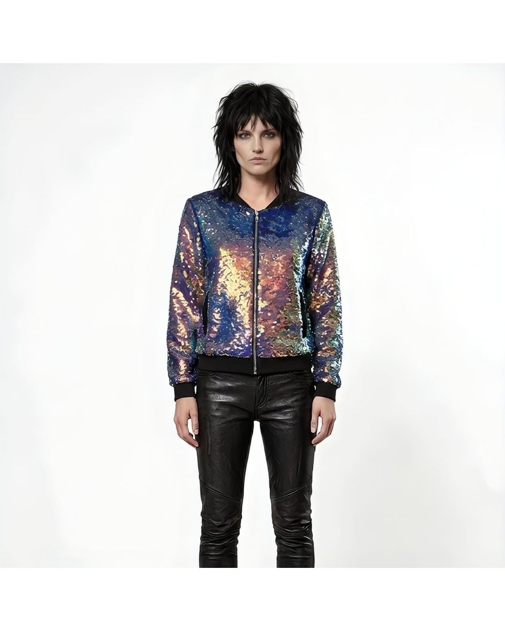 Any Old Iron Blue Oil Slick Sequin Bomber Jacket