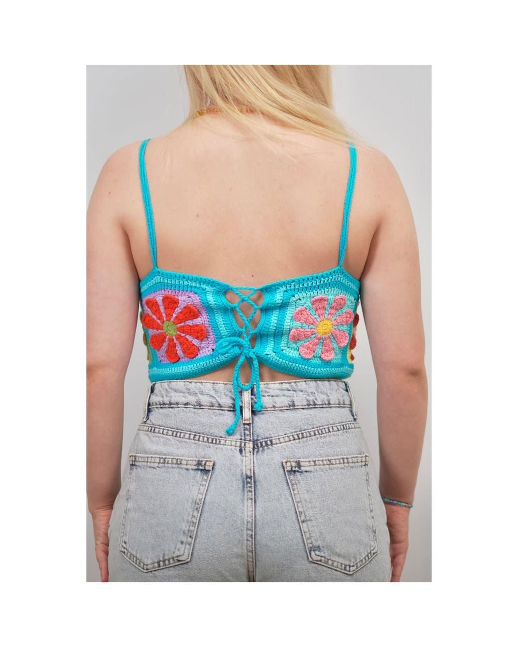 Ana Chic Blue Aqua Flower Square Handmade Crochet Bralette Top