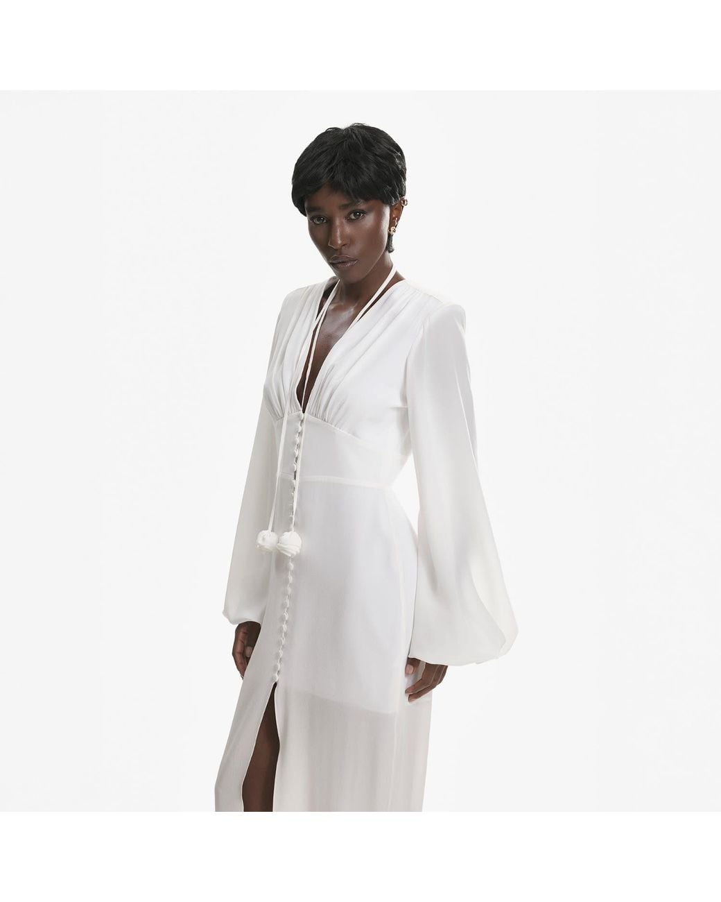 Lita Couture White Ample-Sleeve Maxi Silk Dress