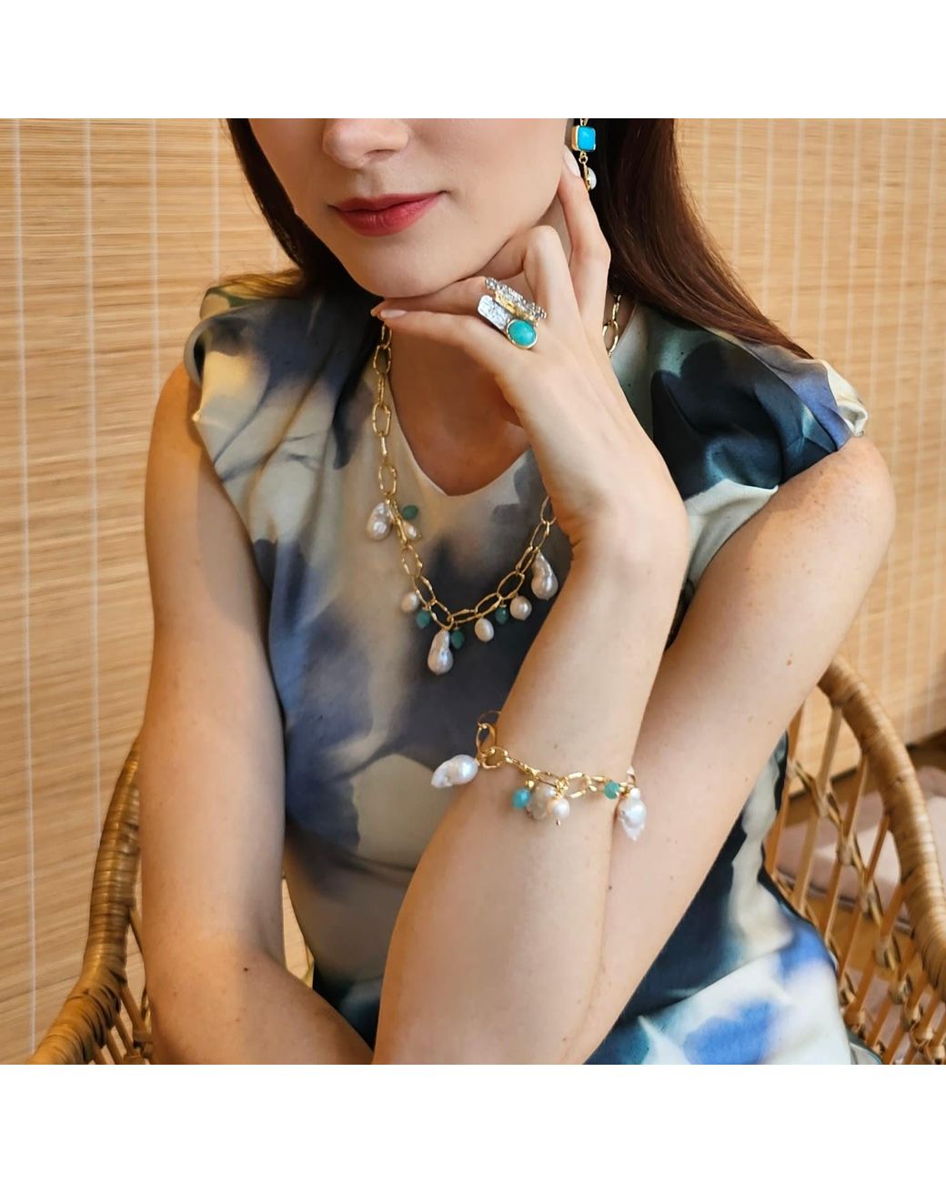 Farra Metallic Baroque Pearls With Amazonite Charms Bracelet