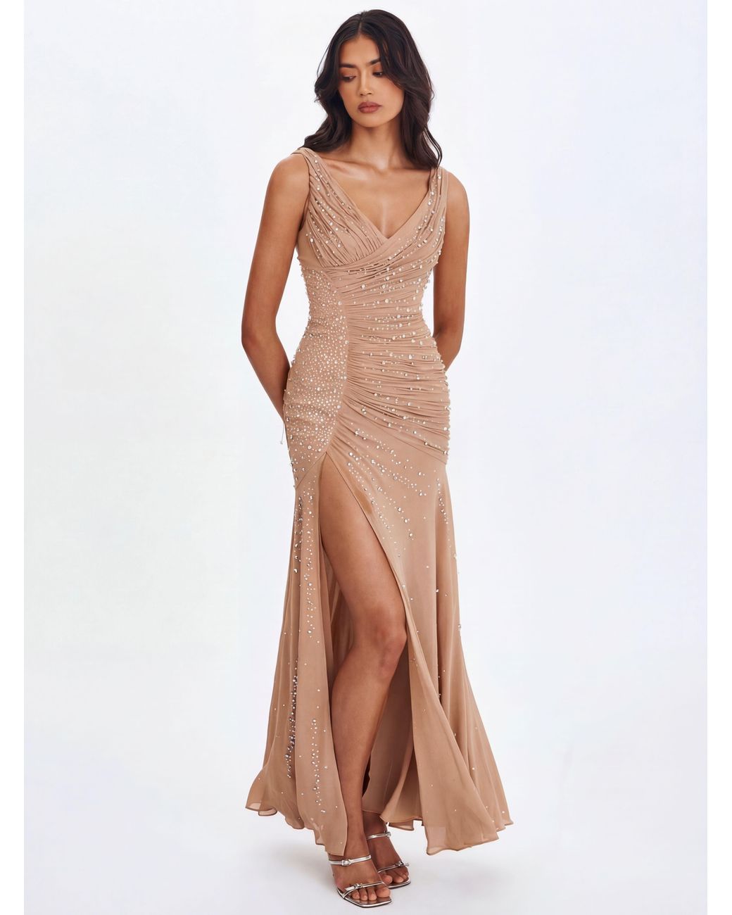 Miss Circle New York Brown Neutrals Viveca Apricot Crystal-Embellished Asymmetrical Ruched Maxi Dress