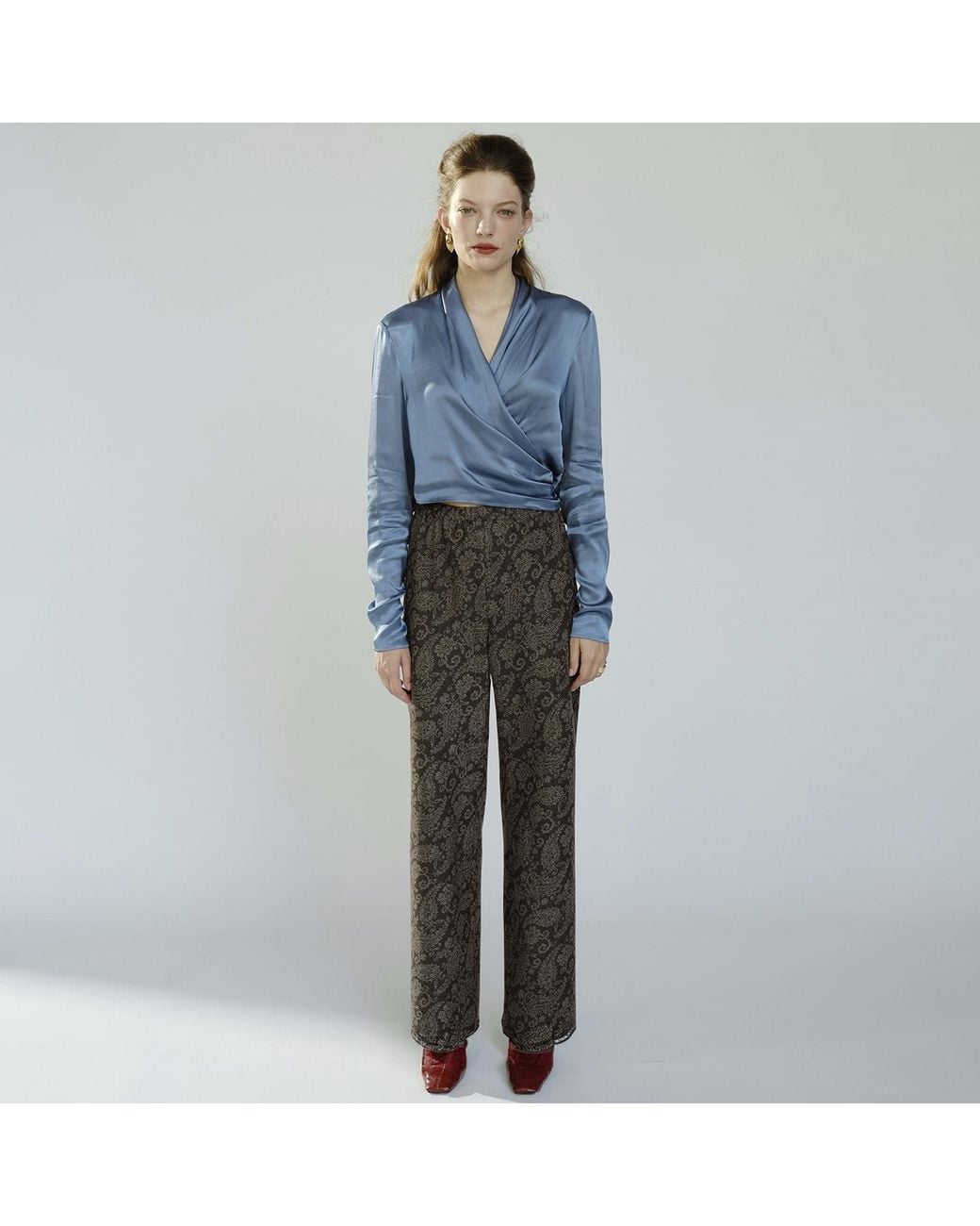 Belsize25 Blue Dusty Satin Draped Wrap Blouse