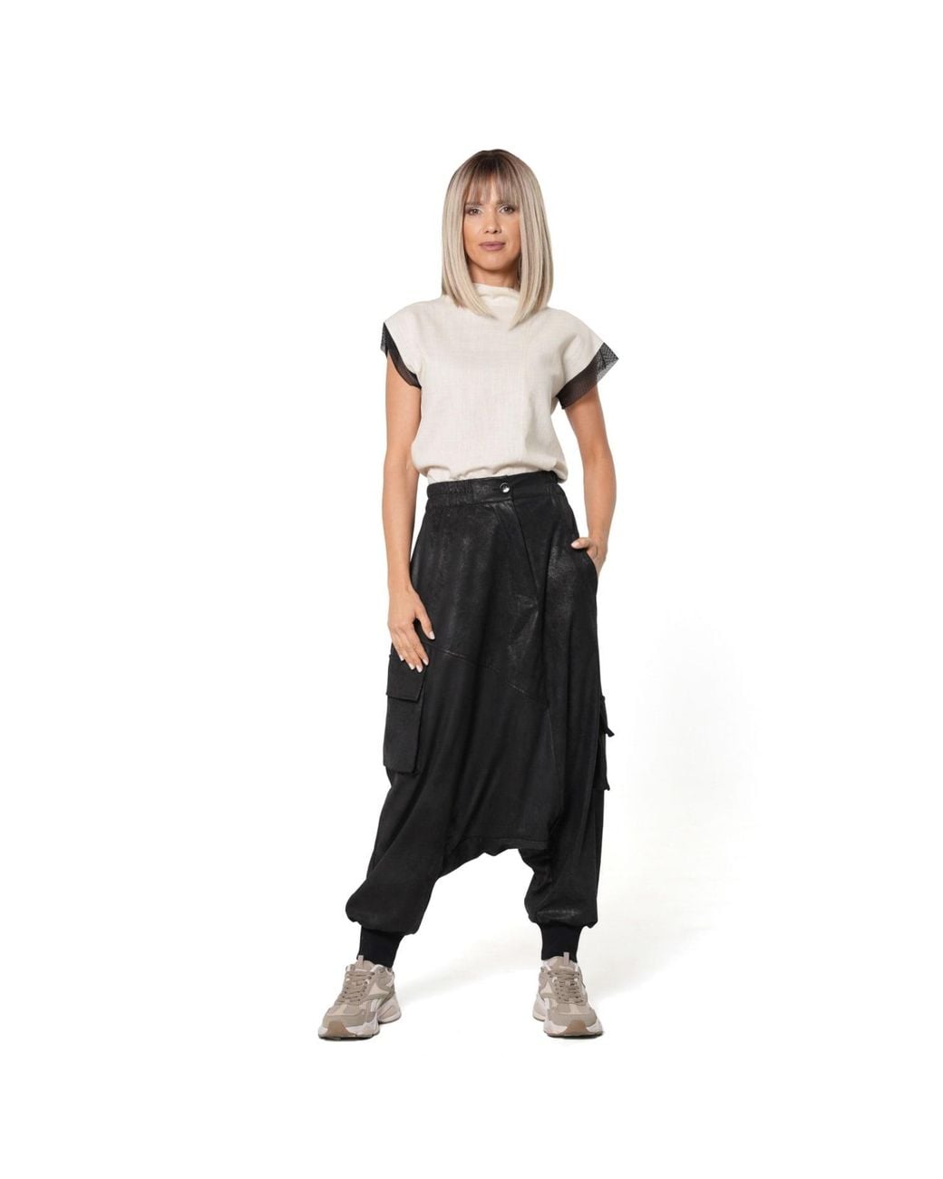 Metamorph Black Faux Suede Drop Crotch Trousers With Cargo Pockets
