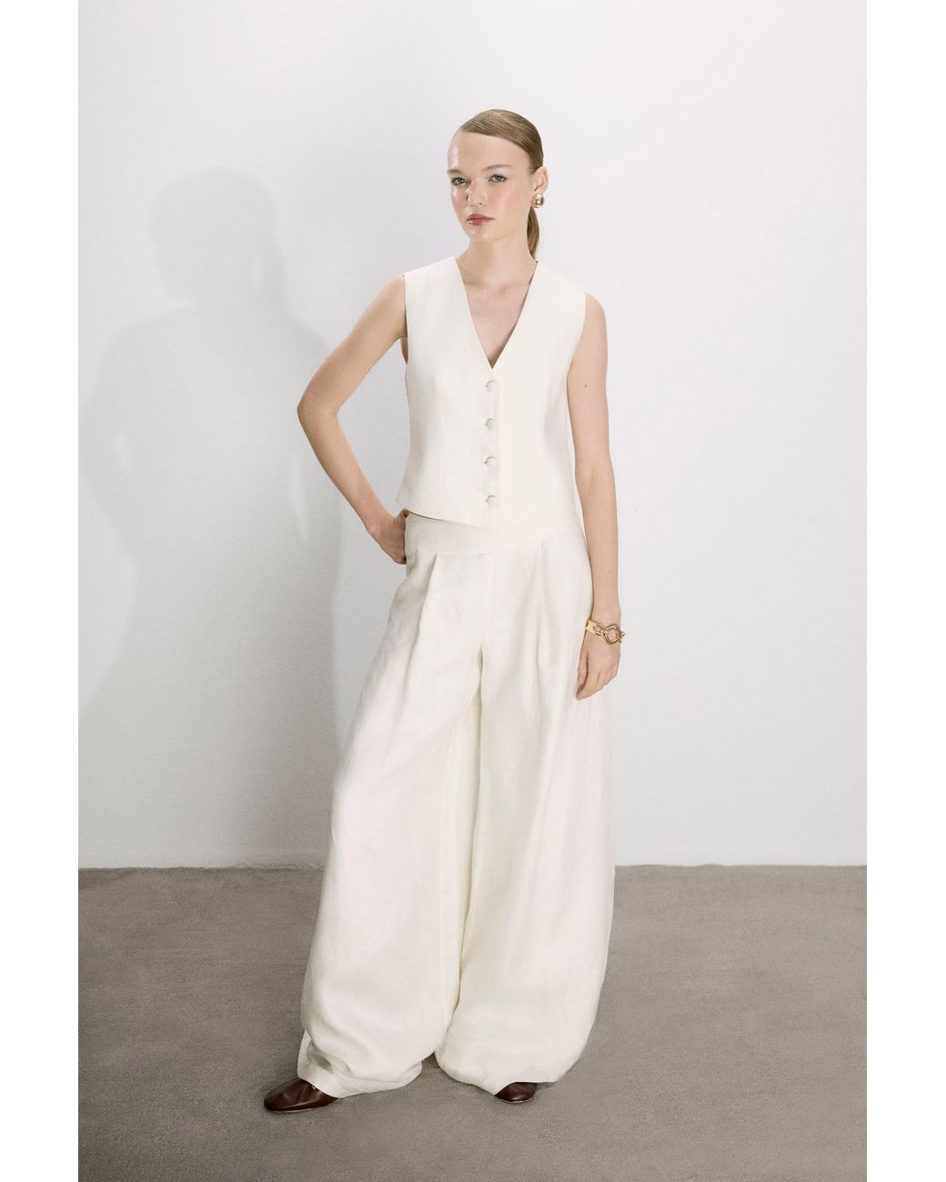 NAZLI CEREN White Mui Wide Leg Linen Trousers