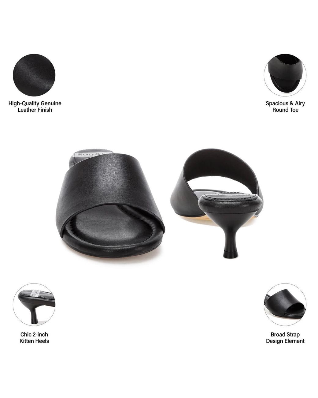 Rag & Co Black Vizzini Kitten Heel Sandals