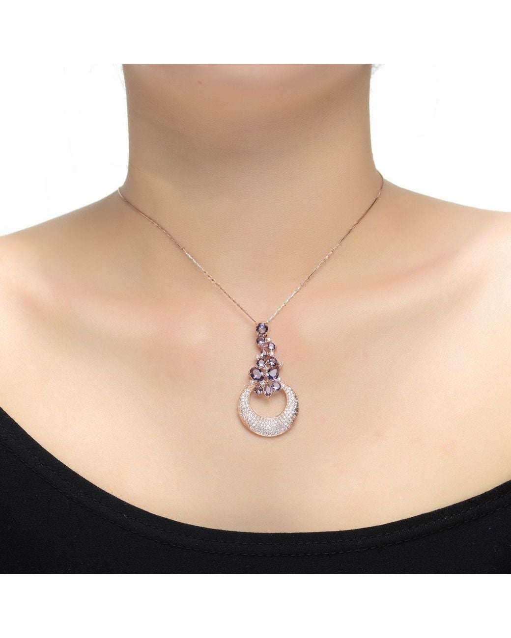 Genevive Jewelry Pink Plated Clear And Purple Cubic Zirconia Pendant Necklace