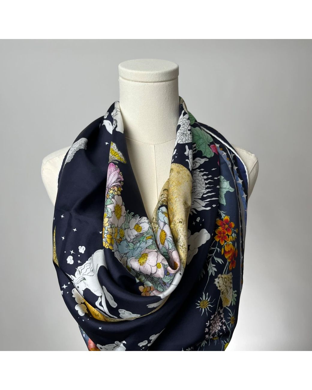 Wenzi Blue Moonlit Menagerie Hand Painted Mulberry Silk Square Scarf