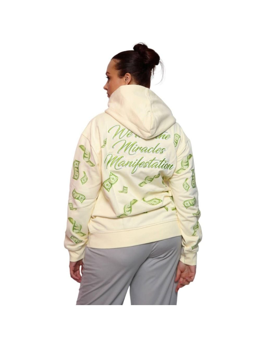 Miracles Manifester Gray Neutrals Manifestation Embroidered Hoodie With Rhinestone Design