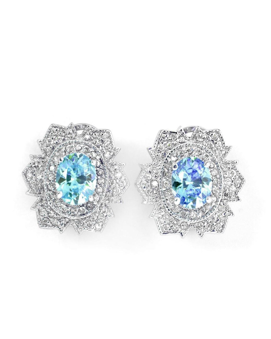 Genevive Jewelry Blue Sterling Plated With Oval Topaz Cubic Zirconia Flower Shape Stud Earrings