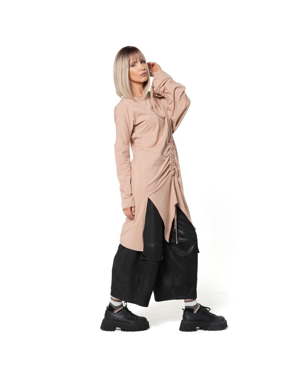 Metamorph Pink Neutrals Asymmetric Cotton Tunic With Adjustable Drawstring Details