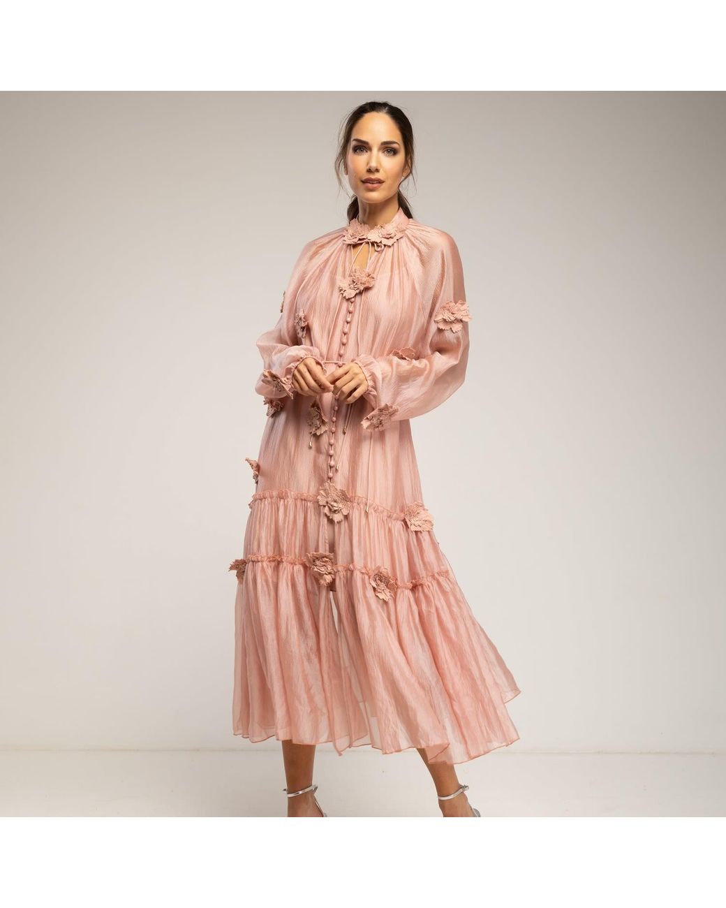 Tantra Spain Sl Pink Semi-Transparent Dress With Buttons, Floral Details, And Ruffles. Belt And Lining Sold Separately