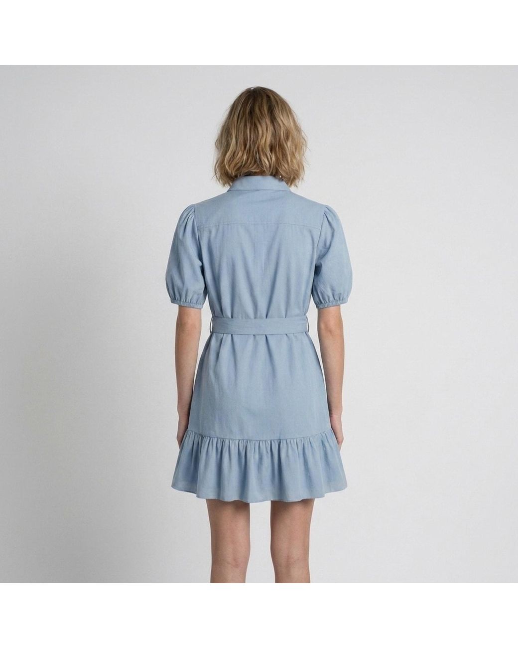 Modenaire Blue Button Up Mini Dress Sculpted Sleeve
