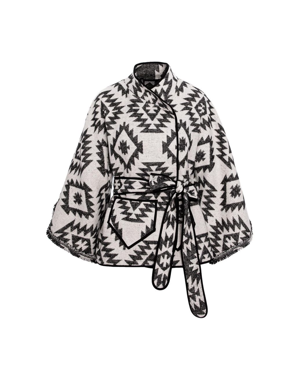 IZABELA MANDOIU Black Wrap-Front Cape With Geometric Pattern