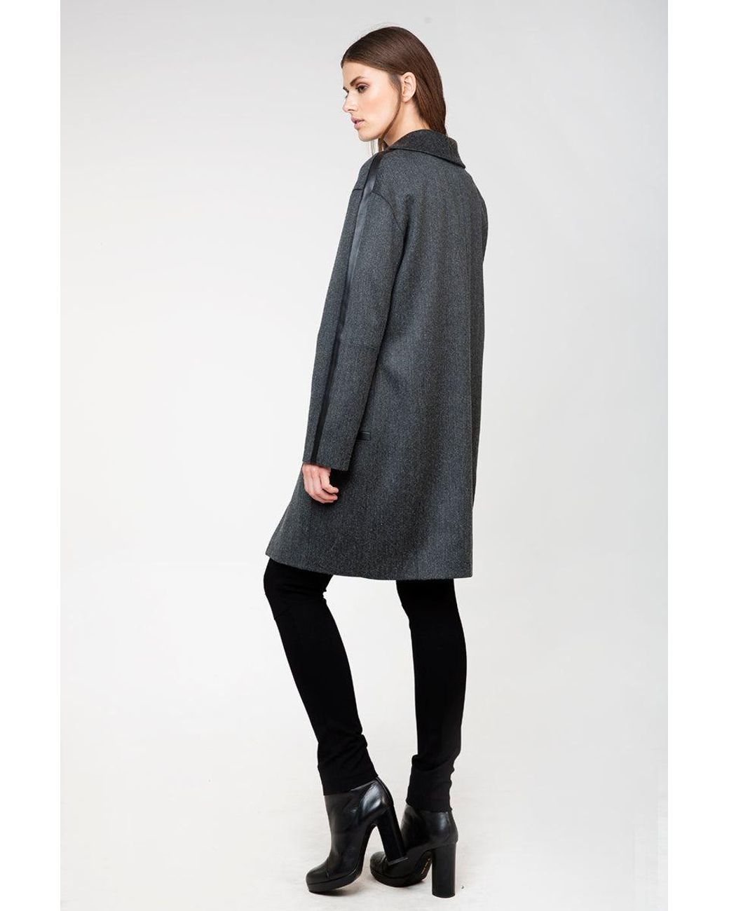 Conquista Black Coat With Leather Look Detail