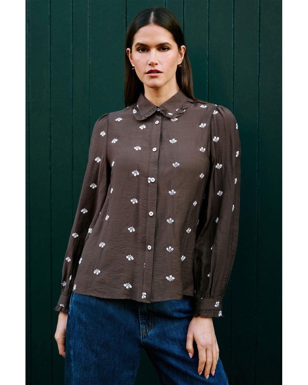 Yumi' Brown Viscose Daisy Embroidered Shirt