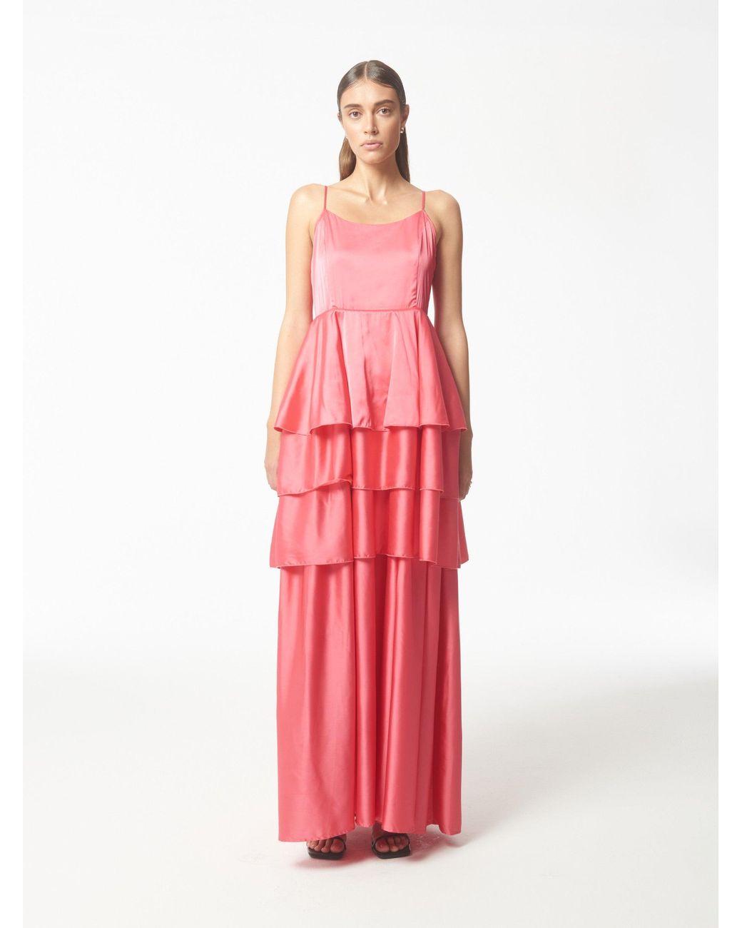 Sour Figs Tiered Ruffled Satin Maxi Dress