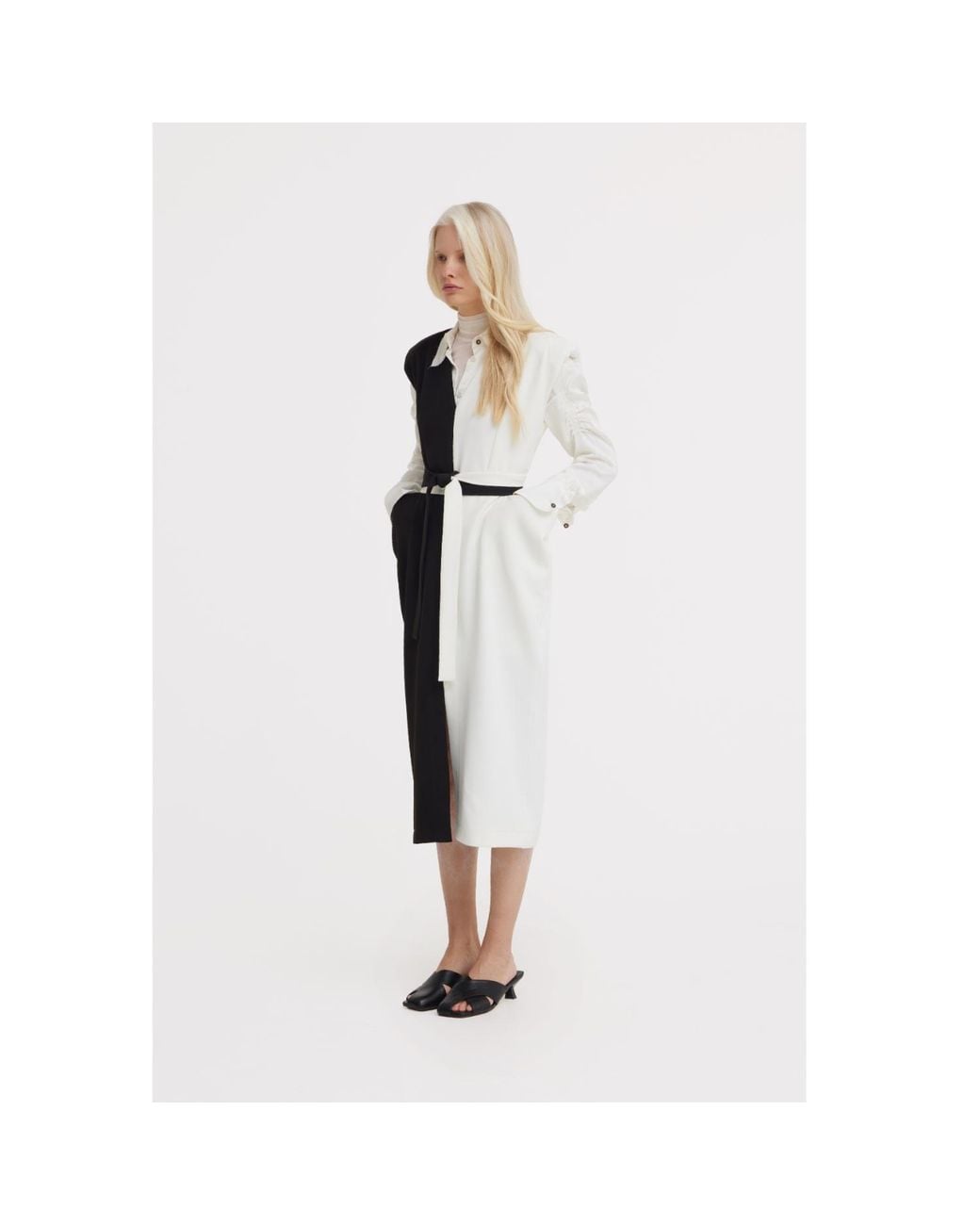 Julia Allert Black Neutrals Fashion Midi Dress With Belt And Bold Shoulders – & Ivory