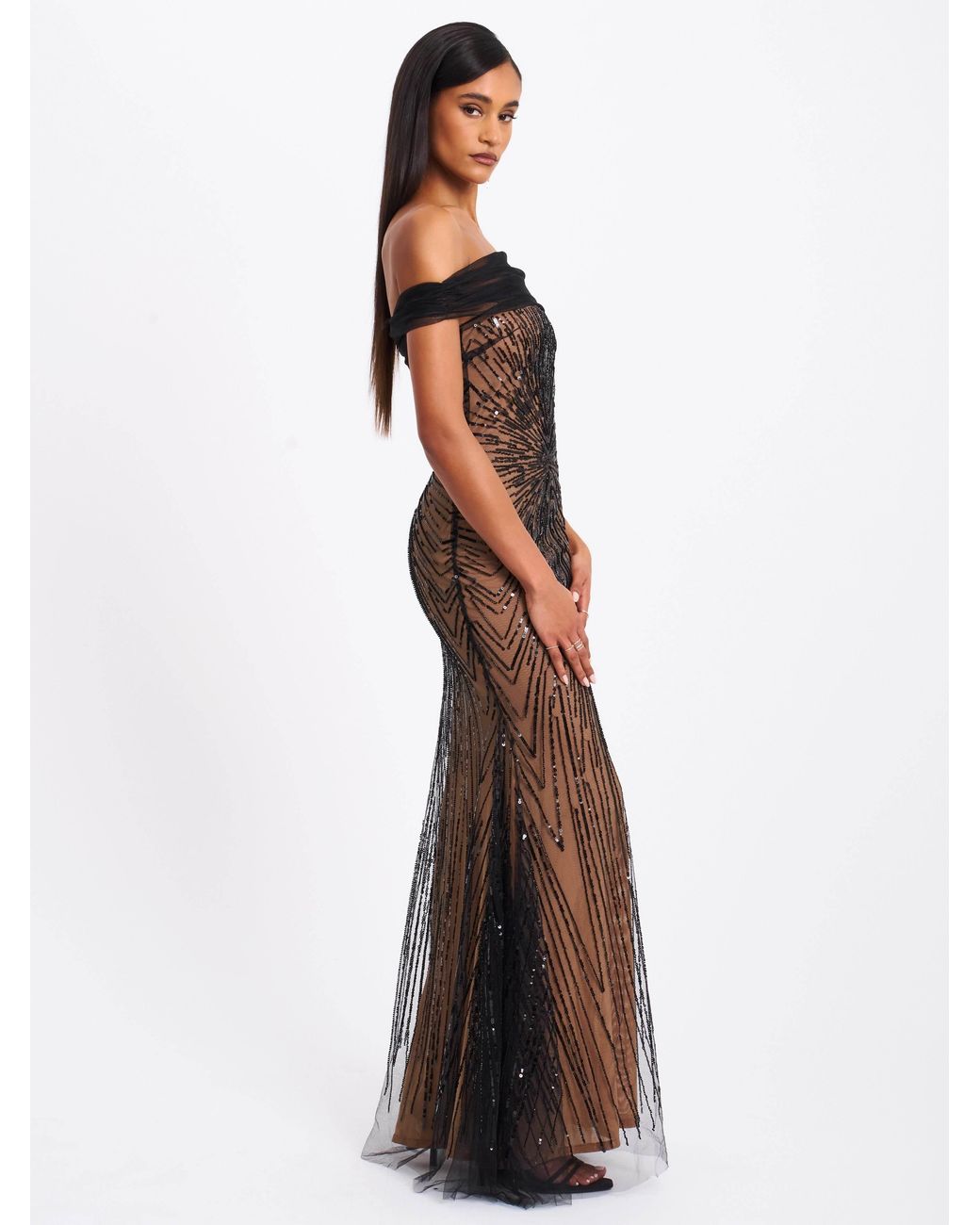 Miss Circle New York Black Qeturah Embroidered Sequin Off Shoulder Mesh Gown