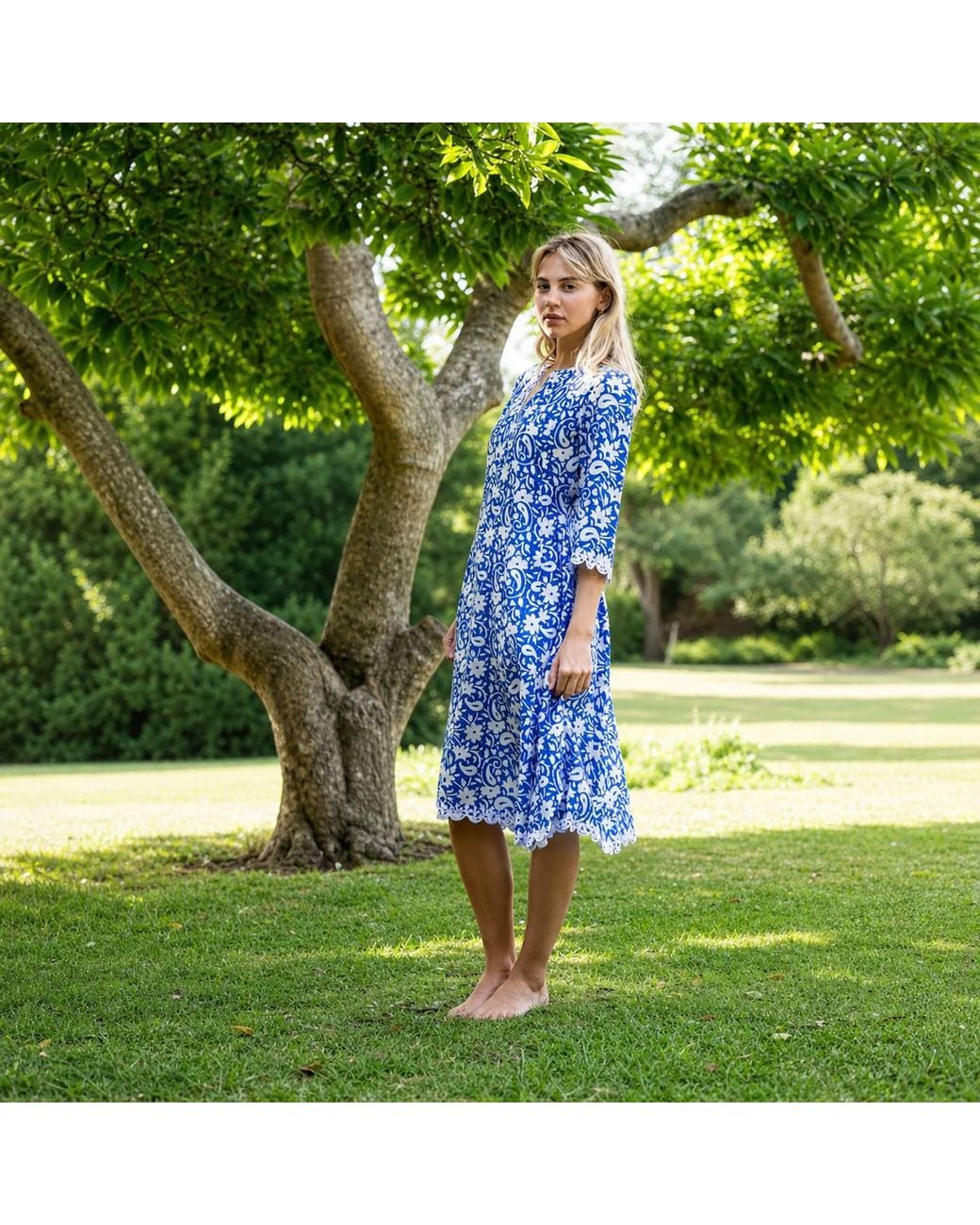 Kaminee Blue Hand Block Print Cotton Silk Dress