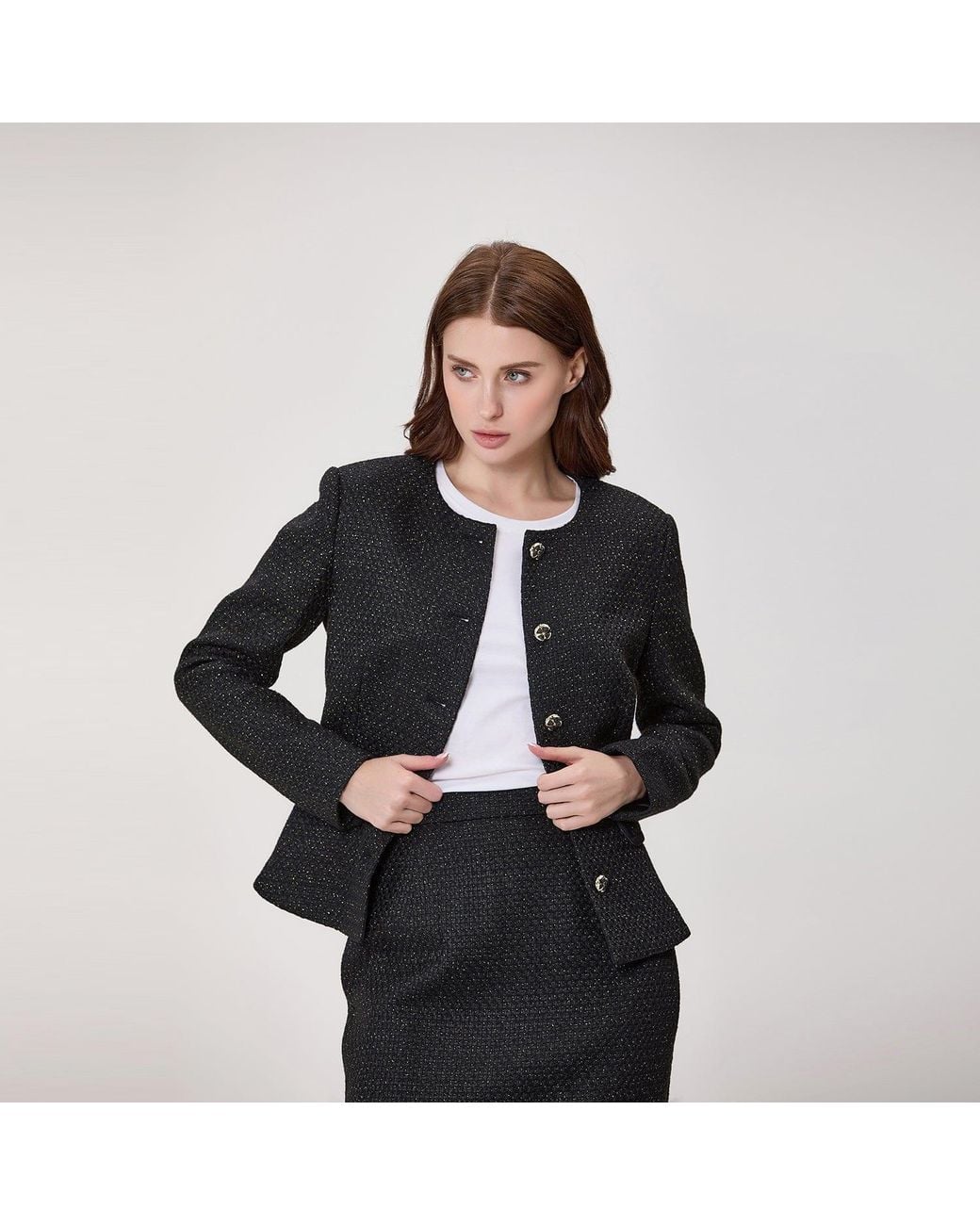 Smart and Joy Black Textured Tailored Jacket With Jewelled Buttons