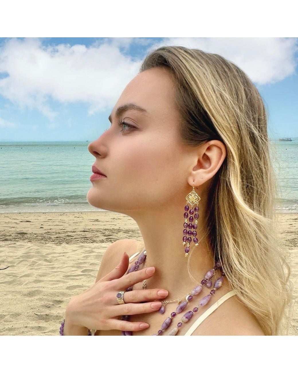 Farra Metallic Bohemian Amethyst Beaded Tassel Earrings