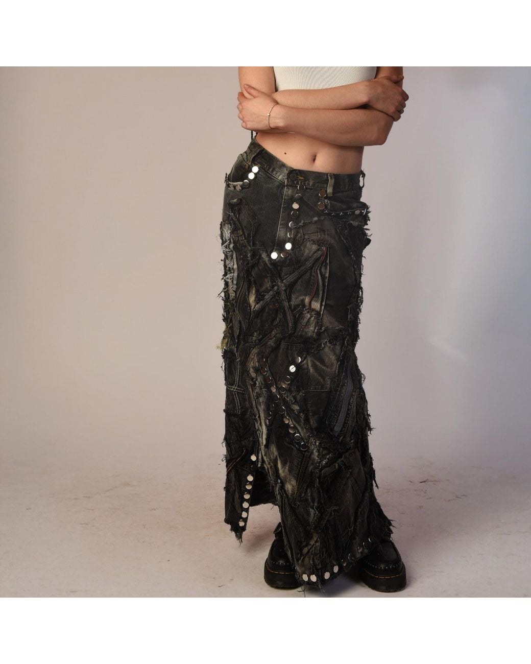 Zasta Studio Green Shred Couture Carbon Clash Studded Denim Skirt A