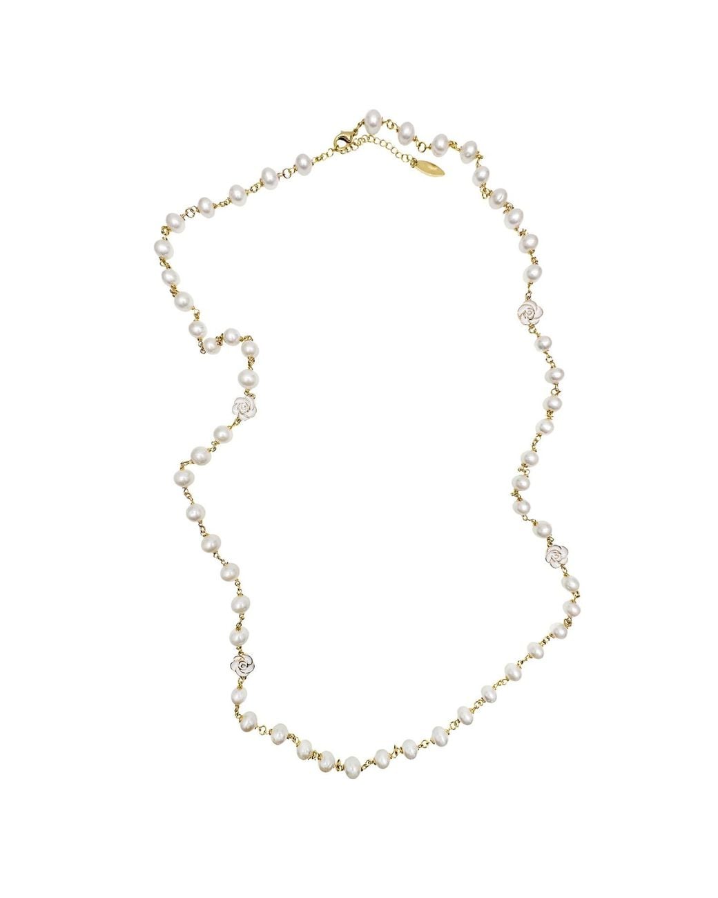 Farra Metallic Timeless Freshwater Pearls With Rose Flowers Long Necklace
