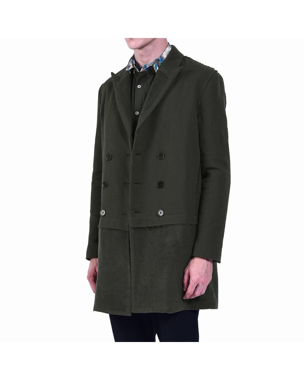 Smart and Joy Green Double-Breasted Long Coat With Printed Lining for men