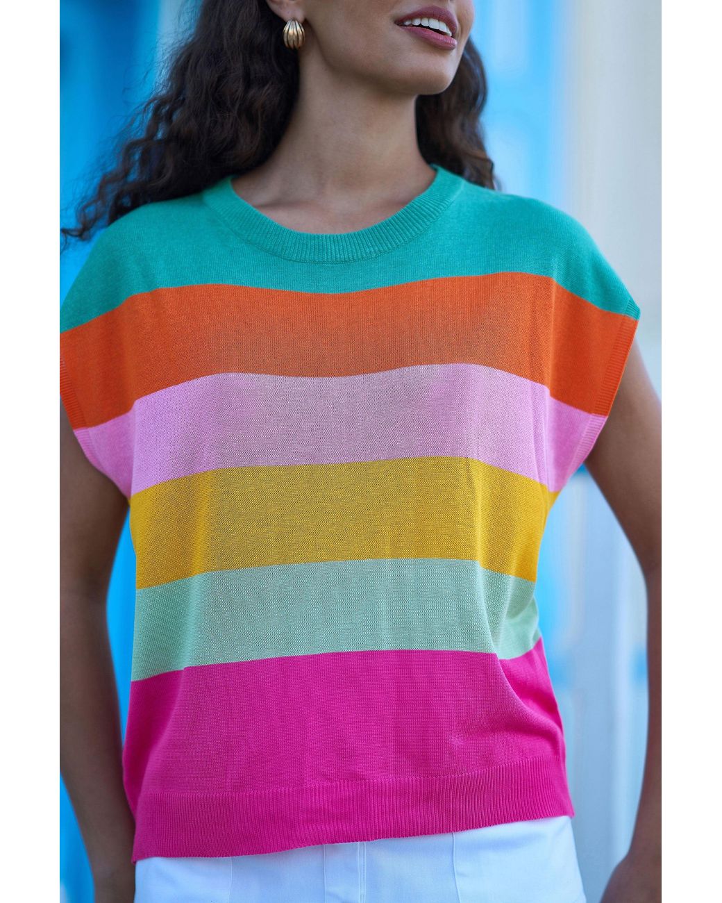 Yumi' Pink Multicolour Block Stripe Relaxed Knitted Top