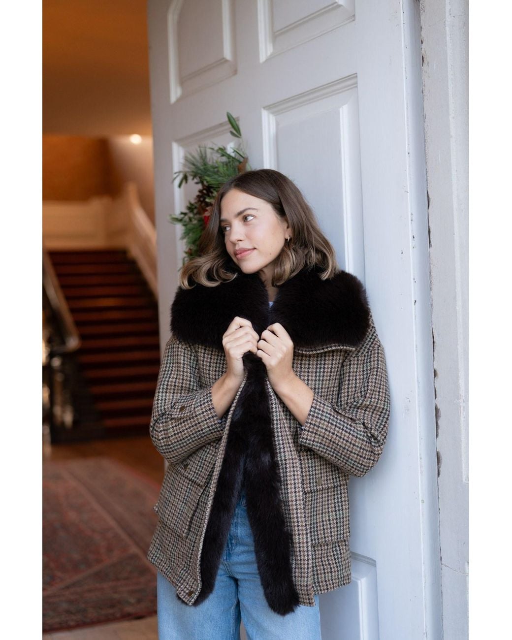 Hortons England Brown Ashford Tweed Faux Fur Jacket