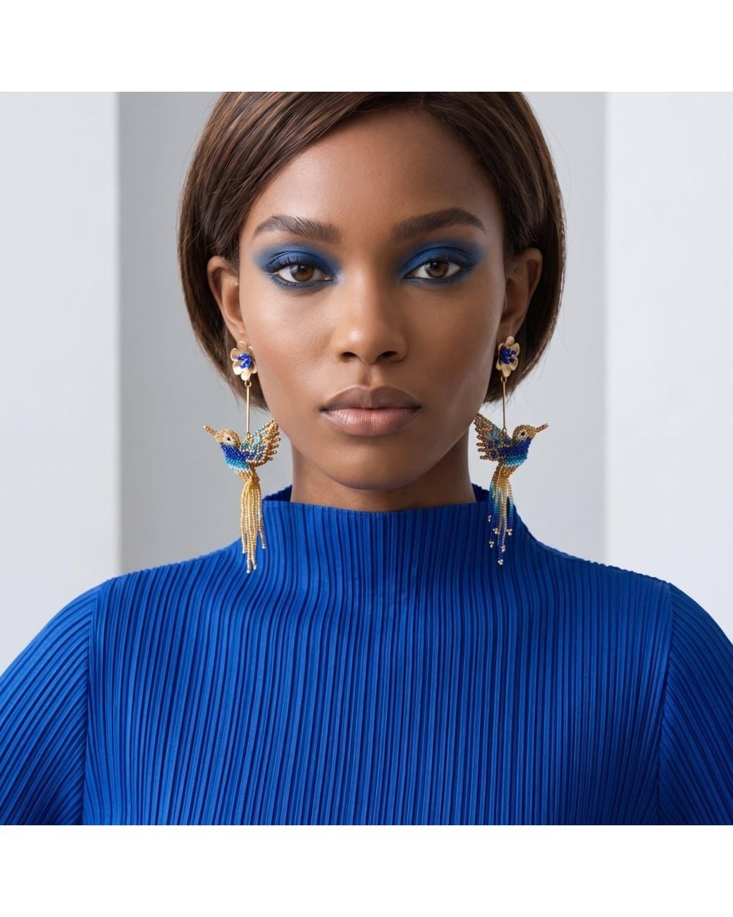 Iliana Arrazola Blue Hummingbird Dangle Earrings, Glass Beads, Beaded Jewelry