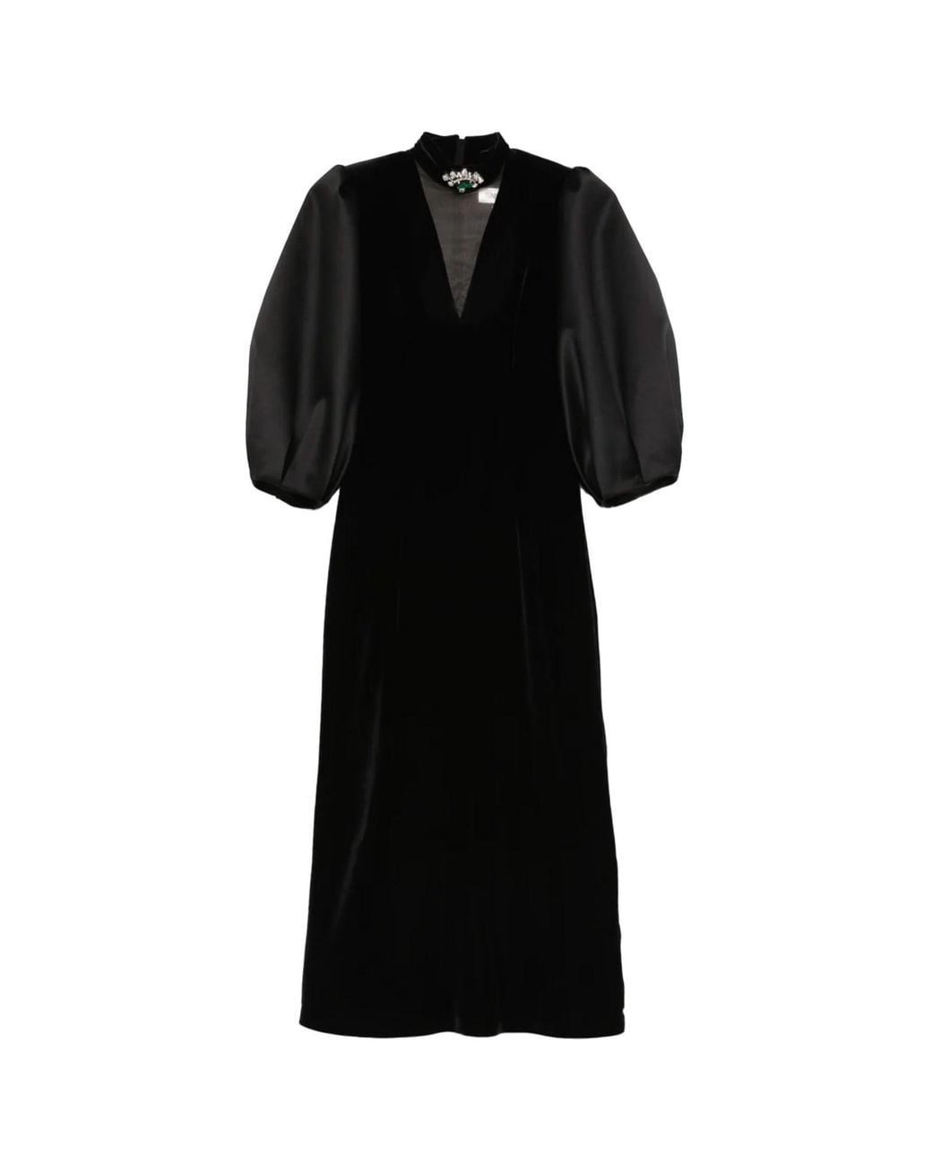 Nissa Black Puff Sleeves Velvet Midi Dress
