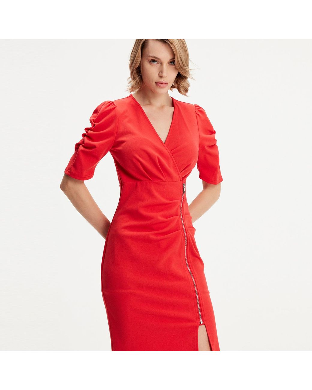 Smart and Joy Red Jersey Dress With Zip Side